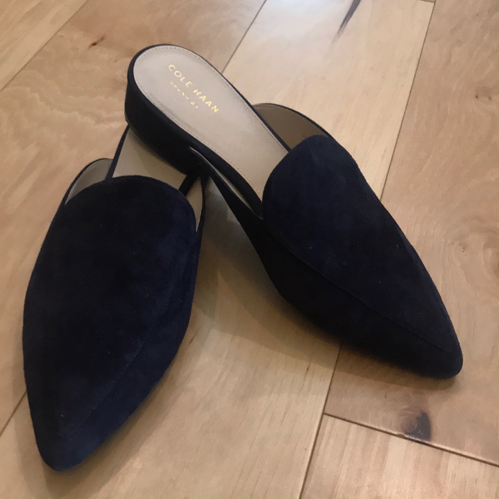 Cole Haan suede mules, worn once. Navy